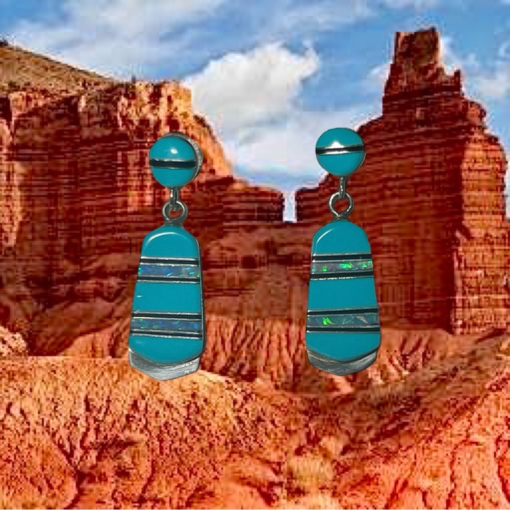 Sterling Turquoise Resin Onyx & Opalite Dangles